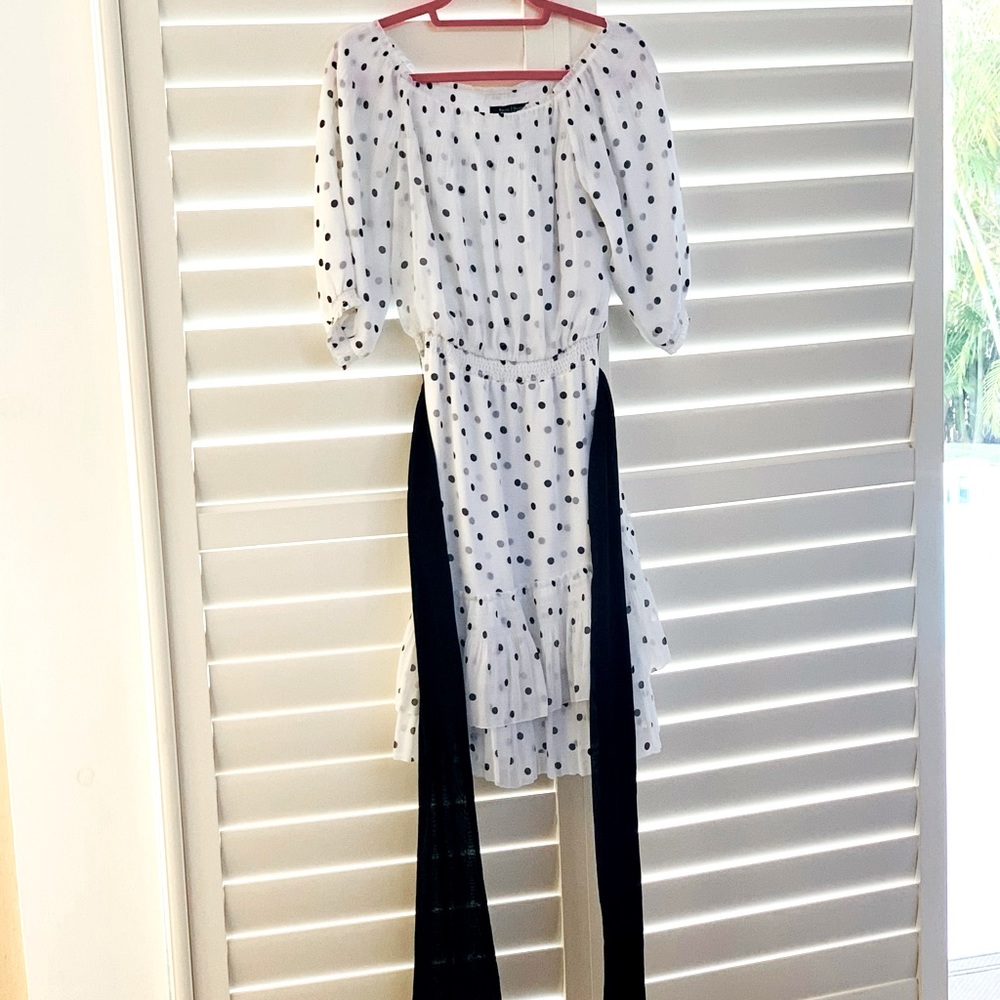 WHBM - Cute white dress with black polka dots and a black chiffon bow/belt. - Picture 4 of 4
